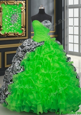 Luxurious Ruffled Brush Train Zebra and Spring Green Quinceanera Dress in Organza and Printing