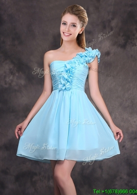 Simple Ruffled Decorated One Shoulder Chiffon Short Bridesmaid Dress