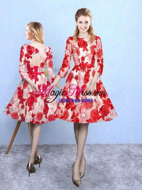Custom Made Scoop 3 4 Length Sleeve Court Dresses for Sweet 16 Knee Length Pattern Red Printed