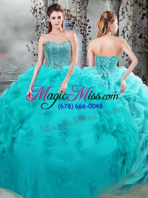 Organza Sweetheart Sleeveless Lace Up Beading and Appliques and Pick Ups Sweet 16 Quinceanera Dress in Aqua Blue