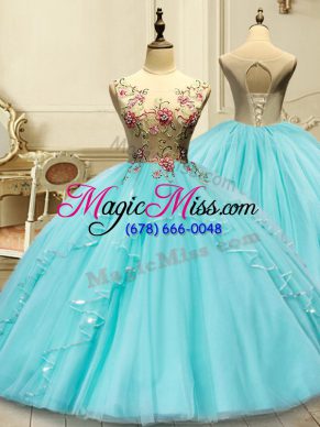 Custom Designed Sleeveless Tulle Floor Length Lace Up Vestidos de Quinceanera in Aqua Blue with Appliques