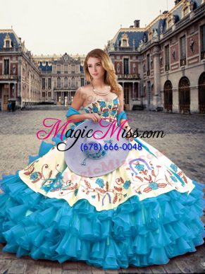 Pretty Embroidery and Ruffled Layers Quinceanera Gowns Aqua Blue Lace Up Sleeveless Floor Length