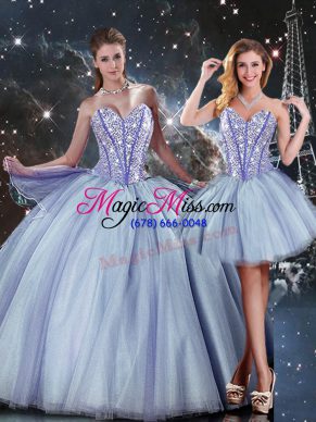 Dramatic Floor Length Blue Quinceanera Dresses Tulle Sleeveless Beading