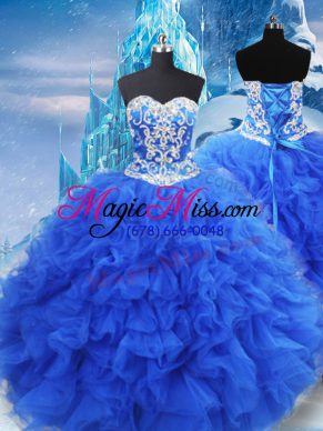 Beading and Ruffles 15th Birthday Dress Blue Lace Up Sleeveless Floor Length