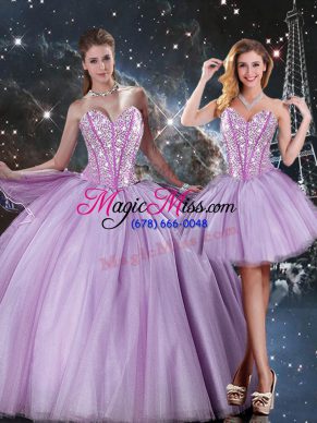 Latest Sweetheart Sleeveless Vestidos de Quinceanera Floor Length Beading Lavender Tulle