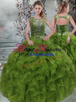 Olive Green Ball Gowns Organza Scoop Sleeveless Beading and Ruffles Floor Length Lace Up Quinceanera Gowns