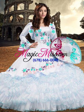 Exquisite Aqua Blue Ball Gowns Square Long Sleeves Organza Floor Length Lace Up Embroidery and Ruffled Layers 15th Birthday Dress