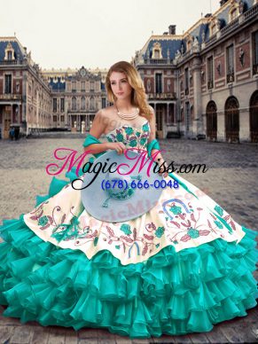 Affordable Turquoise Organza and Taffeta Lace Up Sweetheart Sleeveless Floor Length 15 Quinceanera Dress Embroidery and Ruffled Layers