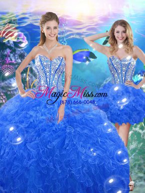 Beautiful Floor Length Royal Blue Quinceanera Dress Organza Sleeveless Beading and Ruffles