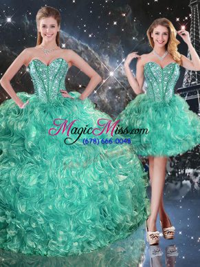 Gorgeous Turquoise Three Pieces Organza Sweetheart Sleeveless Beading and Ruffles Floor Length Lace Up Sweet 16 Dress