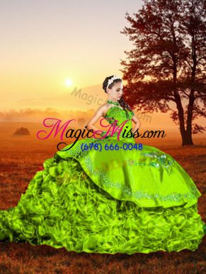 Sleeveless Organza Brush Train Lace Up Quinceanera Dresses in with Embroidery and Ruffles