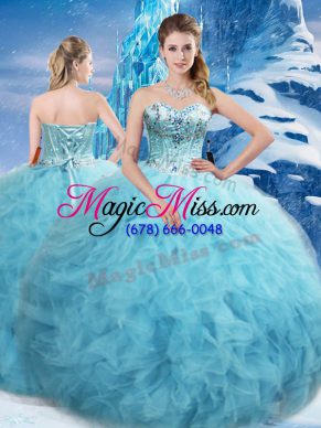 Latest Sleeveless Tulle Floor Length Lace Up Sweet 16 Dresses in Aqua Blue with Beading and Pick Ups