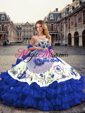 Customized Royal Blue Sleeveless Floor Length Embroidery and Ruffled Layers Lace Up Quinceanera Dress