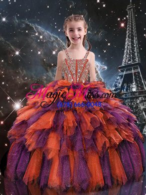 Floor Length Lace Up Kids Pageant Dress Rust Red for Quinceanera and Wedding Party with Beading and Ruffles