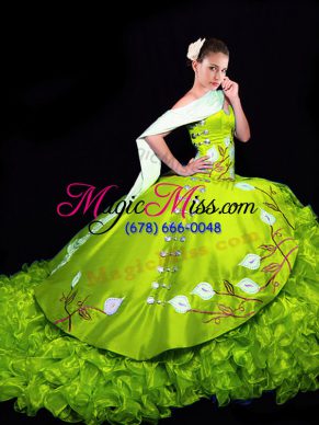 Yellow Green Lace Up Sweetheart Embroidery and Ruffles Quinceanera Gown Organza Sleeveless Brush Train