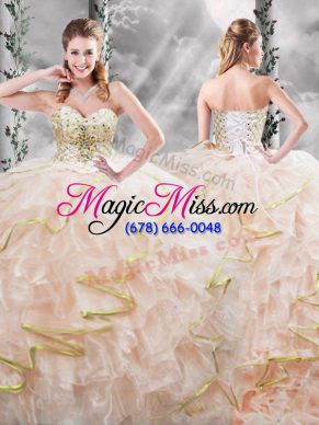 Custom Design Sweetheart Sleeveless Organza Quinceanera Gown Beading and Ruffles Brush Train Lace Up