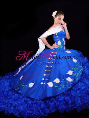 Sexy Lace Up Quinceanera Dress Royal Blue for Military Ball and Sweet 16 and Quinceanera with Embroidery and Ruffles Brush Train