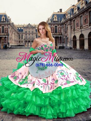 Floor Length Lace Up 15th Birthday Dress Green for Military Ball and Sweet 16 and Quinceanera with Embroidery and Ruffled Layers