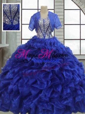 Royal Blue Ball Gowns Organza Sweetheart Short Sleeves Ruffles Floor Length Lace Up 15th Birthday Dress