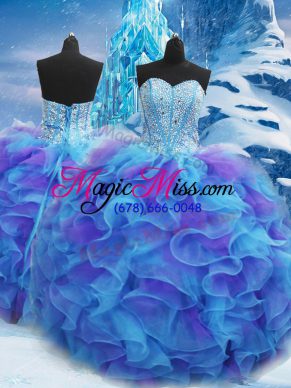 Fancy Blue Organza Lace Up Quinceanera Gown Sleeveless Floor Length Beading and Ruffles