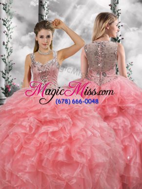 Noble Watermelon Red Sleeveless Organza Zipper Quinceanera Gown for Military Ball and Sweet 16 and Quinceanera