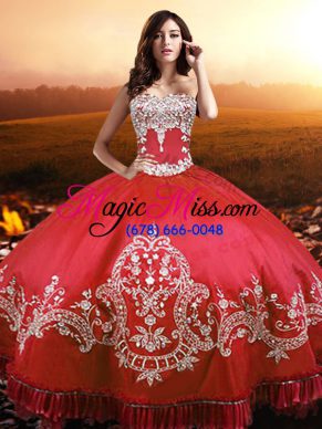 Traditional Coral Red Quince Ball Gowns Military Ball and Sweet 16 and Quinceanera with Beading and Appliques and Embroidery Strapless Sleeveless Lace Up