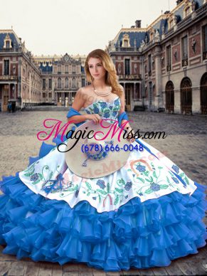 Best Selling Blue And White Lace Up Sweet 16 Dresses Embroidery and Ruffled Layers Sleeveless Floor Length