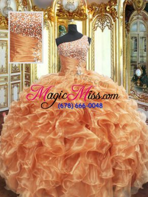 Orange Organza Lace Up One Shoulder Sleeveless Floor Length Vestidos de Quinceanera Beading and Ruffles