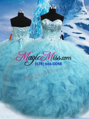 High End Aqua Blue Ball Gowns Tulle Sweetheart Sleeveless Beading and Pick Ups Floor Length Lace Up Sweet 16 Dress