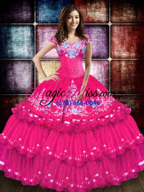 Hot Pink Sleeveless Floor Length Embroidery and Ruffled Layers Lace Up 15 Quinceanera Dress