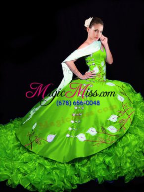 Ideal Sweetheart Sleeveless Quinceanera Dresses Brush Train Embroidery and Ruffles Organza