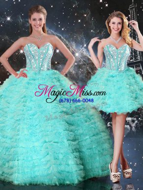 Dynamic Turquoise 15 Quinceanera Dress Military Ball and Sweet 16 and Quinceanera with Beading and Ruffled Layers Sweetheart Sleeveless Lace Up