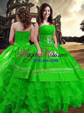 Glittering Green Sleeveless Embroidery and Ruffled Layers Floor Length Quince Ball Gowns