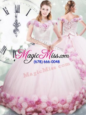 Popular Pink Sleeveless Fabric With Rolling Flowers Brush Train Lace Up Quinceanera Gown for Military Ball and Sweet 16 and Quinceanera