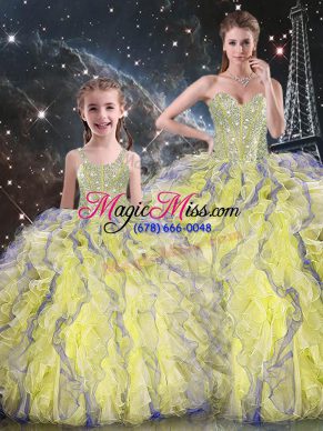 Fitting Sweetheart Sleeveless Quince Ball Gowns Floor Length Beading and Ruffles Yellow Organza