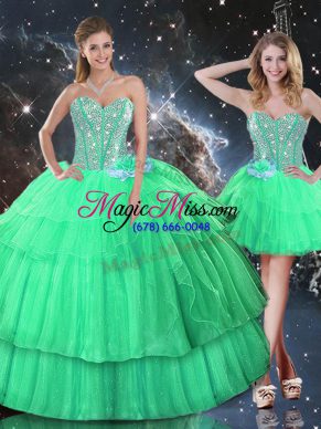 Graceful Apple Green Sweetheart Neckline Ruffled Layers and Sequins 15th Birthday Dress Sleeveless Lace Up