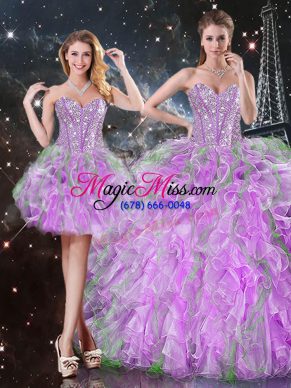 On Sale Lilac Sleeveless Floor Length Beading and Ruffles Lace Up 15 Quinceanera Dress