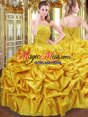 Excellent Beading and Pick Ups 15th Birthday Dress Gold Lace Up Sleeveless Floor Length