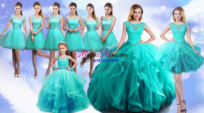 Discount Turquoise Scoop Lace Up Beading and Lace Ball Gown Prom Dress Sleeveless