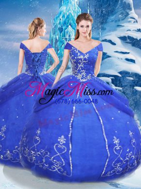 V-neck Short Sleeves 15 Quinceanera Dress Floor Length Appliques Blue Tulle