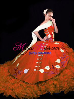 Rust Red Lace Up Quince Ball Gowns Embroidery and Ruffles Sleeveless Brush Train