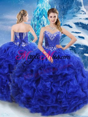 Royal Blue Ball Gowns Sweetheart Sleeveless Organza Floor Length Lace Up Beading Vestidos de Quinceanera