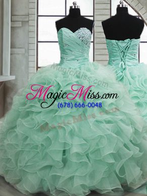 Beautiful Sleeveless Floor Length Beading and Ruffles Lace Up Quinceanera Gown with Apple Green