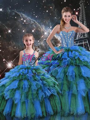 Organza Sweetheart Sleeveless Lace Up Beading and Ruffles and Ruffled Layers Ball Gown Prom Dress in Multi-color