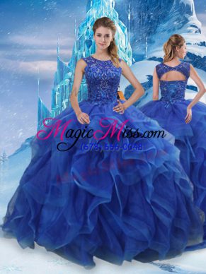 Sumptuous Blue Lace Up Scoop Beading and Ruffles 15 Quinceanera Dress Organza Sleeveless