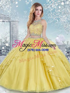 Hot Sale Gold Two Pieces Tulle Scoop Sleeveless Beading and Lace Floor Length Clasp Handle Vestidos de Quinceanera