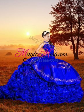 Sweetheart Sleeveless Quince Ball Gowns Brush Train Embroidery and Ruffles Royal Blue Organza