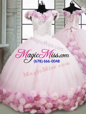 Edgy Sleeveless Fabric With Rolling Flowers Brush Train Lace Up Sweet 16 Quinceanera Dress in Pink with Hand Made Flower