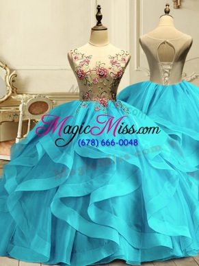 Aqua Blue Sleeveless Organza Lace Up Quinceanera Dress for Military Ball and Quinceanera