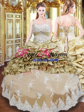 Champagne Straps Lace Up Beading and Appliques and Ruffled Layers and Pick Ups Quinceanera Dress Sleeveless